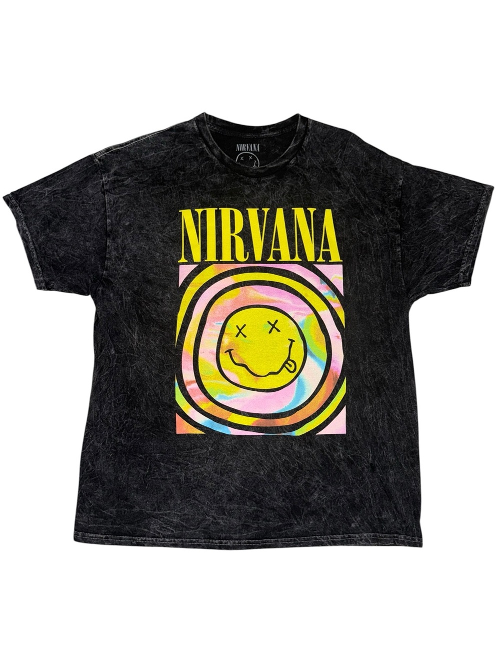 Nirvana Smiley Face Graphic Band Tee Men’s XL Black Acid Wash Rock T-Shirt